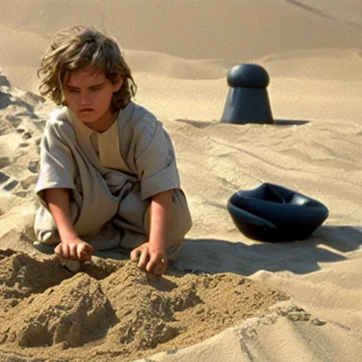 Prompt: Picture of Anakin Skywalker building a sand castle on Tatooine