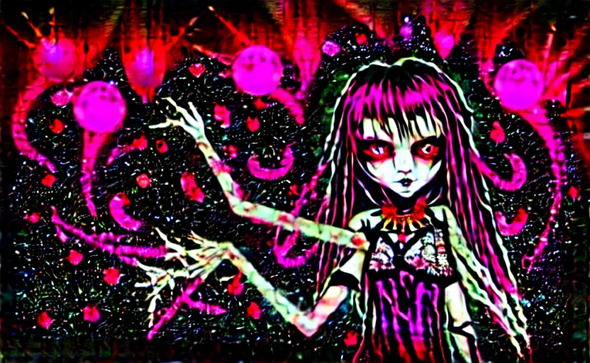 Image similar to spiked bloodmoon sigil stars draincore, goregrind album cover, baroque bedazzled gothic royalty frames surrounding a hellfire hexed witchcore aesthetic, dark vhs broken hearts, neon glyphs spiked pixelsort fairy kei decora doll by guro manga artist shintaro kago