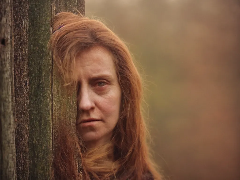 Prompt: close up portrait bust of woman, next to wood fence, tired expression, faded color film, russian cinema, tarkovsky, technicolor, heavy forest, wood cabin in distance, shallow depth of field, long brown hair, old clothing, heavy fog, atmospheric haze, brown color palette, sunset, low light, hudson river school, 4 k, dramatic lighting