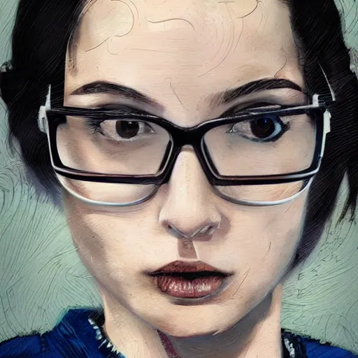 Prompt: a modern painting of a nerdy young woman with big glasses in the style of tim bradstreet, sharp focus, realism, intricate detail