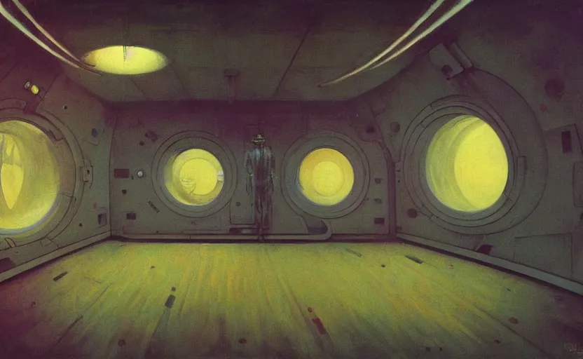 Image similar to Inside a Space station, Edward Hopper and James Gilleard, Zdzislaw Beksinski, Mark Ryden, Wolfgang Lettl highly detailed, hints of Yayoi Kasuma