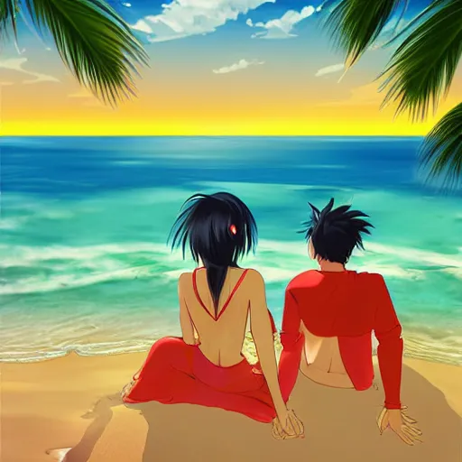 Prompt: an anime couple relaxing on the beach, advanced digital art