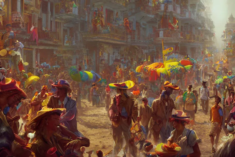 Image similar to carnaval de barranquilla colombia, thorough details, intricate, artstation, atmosphere, highly detailed, craig mullins, james jean, digital painting, deviantart, cinematic lighting, 4 k