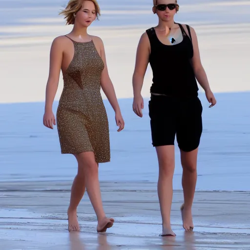 Image similar to Jennifer Lawrence and Jennifer Lawrence walking along the beach together, golden hour, hyperdetailed, 8k,