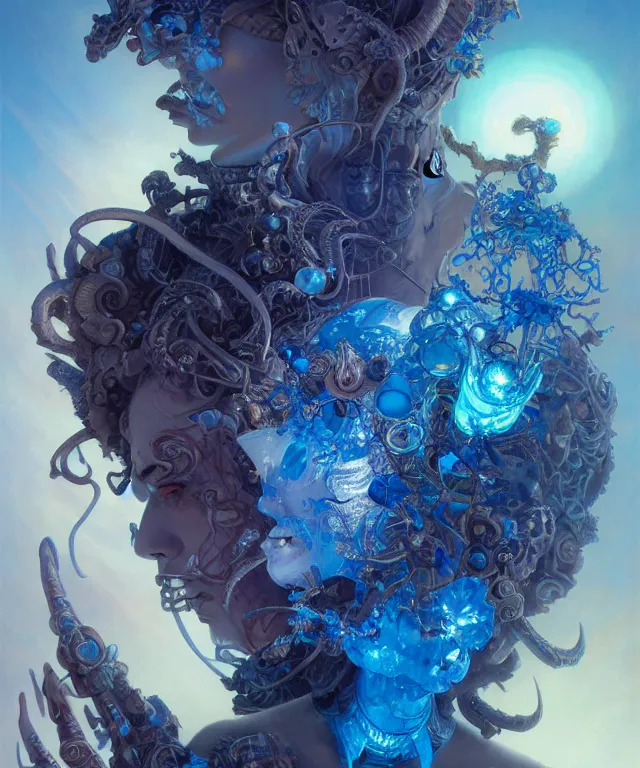 Prompt: beautiful evil fantasy blue crystal flower portrait, ultra realistic, sunset, wide angle, intricate details, the fifth element artifacts, highly detailed by peter mohrbacher, hajime sorayama, wayne barlowe, boris vallejo, aaron horkey, gaston bussiere, craig mullins