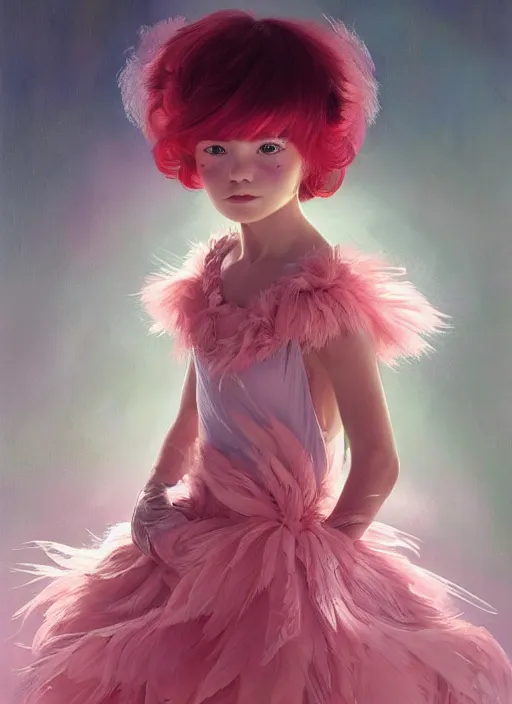 Image similar to beautiful little girl with an pink eccentric haircut wearing an dress made of feathers dancing on stage, artwork made by ilya kuvshinov, inspired in donato giancola and balthus, hd, ultra realistic, reflection, flowers, light, realistic face, bird tattoo, trending on pixiv, 8 k, ray tracing, glorious