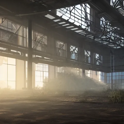 Prompt: abandoned industrial factory interior, volumetric light scattering, god rays, digital art, trending on artstation