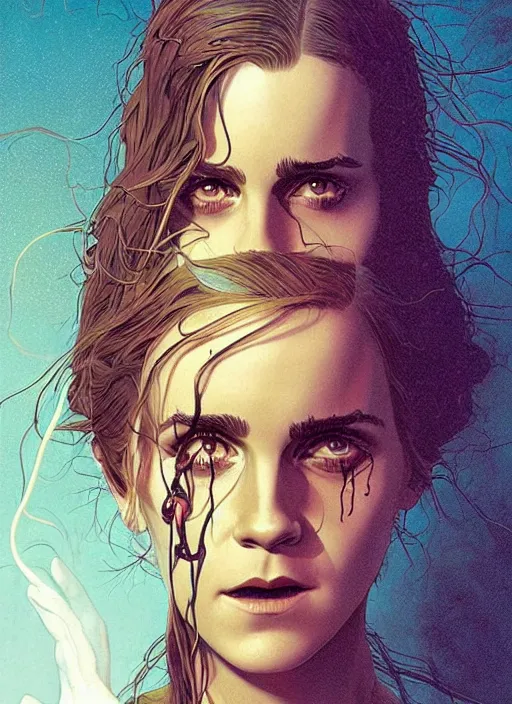 Image similar to poster artwork by Michael Whelan and Tomer Hanuka, Karol Bak of religious Emma Watson nightmare of the crucifixion, from scene from Twin Peaks, clean