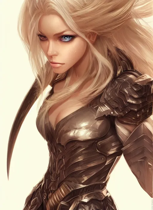 Image similar to beautiful lady, blonde long hair, practical armor, brown skin, demonic eyes, low fantasy, extremely detailed, sharp focus, smooth, digital illustration, by rossdraws, frank franzzeta, sakimichan