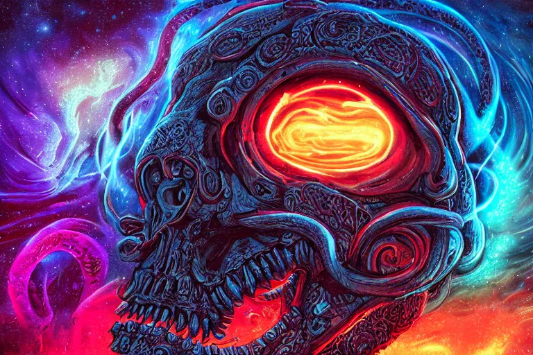Image similar to a giant skull with deep and intricate rune carvings and glowing eyes with thick lovecraftian tentacles emerging from a space nebula by dan mumford, twirling smoke trail, a twisting vortex of dying galaxies, digital art, photorealistic, vivid colors, highly detailed, intricate