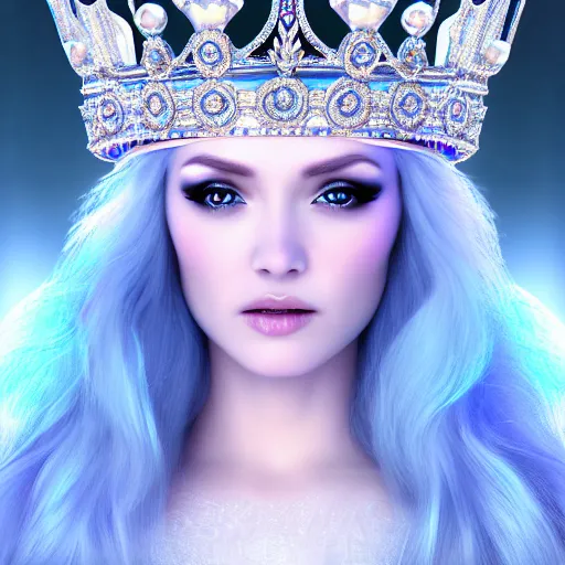 Image similar to beautiful ice queen with ornate crown and robes highly detailed, 4k, HDR, smooth, sharp focus, hyper realistic, high resolution