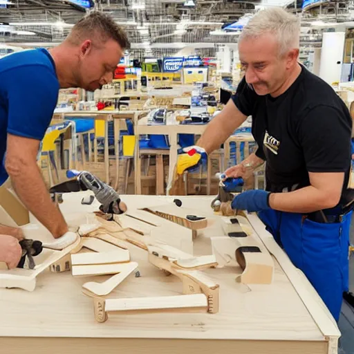 Image similar to ikea employees building a wooden kit plane, photo realistic