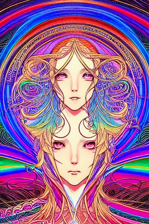 Prompt: illustration of a female elf goddess, prismatic healing waves emanate all around in a healing spring, rainbows, intricate linework, in the style of moebius, ayami kojima, 1 9 9 0's anime, retro fantasy