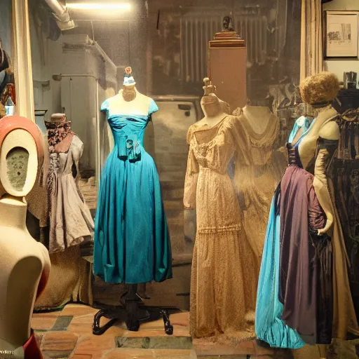 Image similar to scene in a victorian era trafalgar dress shop, turquoise dress on a manikin, cobbled laneway, ambient lighting, cinematic quality, high octane, vray render, subsurface scatter, drum scanner intricate complexity, golden ratio, kojima, amano, charlie bowater museum piece, fine art