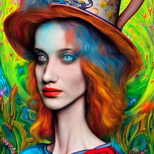 Image similar to an extremely psychedelic portrait of alice in wonderland, surreal, lsd, face, detailed, intricate, elegant, lithe, highly detailed, digital painting, artstation, concept art, smooth, sharp focus, illustration