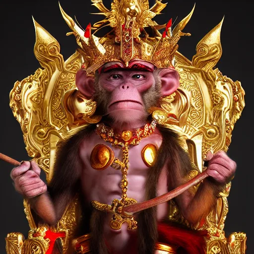 Prompt: monkey king godly lord of monkeys, wearing a crown, holding a staff, sitting in throne, dark lighting, dim lightning, red eyes, gothic dark style 8 k render high detail