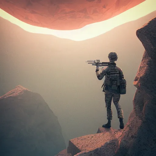 Image similar to A soldier with a gun climbing a mountain looking back while a granade explodes behind him, digital art, ultrasharp, 4k , illustration, artstation, made by Mike Winkelmann