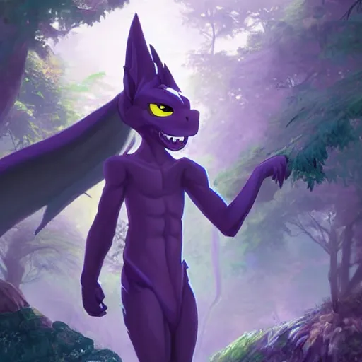 Image similar to concept art painting of an anthropomorphic purple anime anthro dragon, in the deep forest, realistic, detailed, cel shaded, in the style of makoto shinkai and greg rutkowski and james gurney