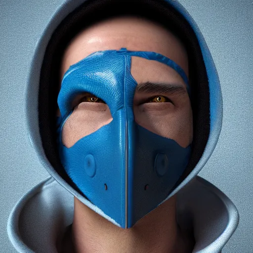 Image similar to a highly detailed, portrait of a man with black hair with a black medical mask, in a hood in the form of a blue shark with white teeth, artstation, DeviantArt, professional, octane render, digital art