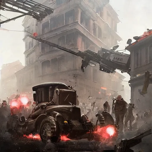 Image similar to spider robots terrorise streets of weimar germany and attack freikorps soldiers and civilians, intense heavy street battle, bullet hell, pile of bodies, art by greg rutkowski and jakub rozalski