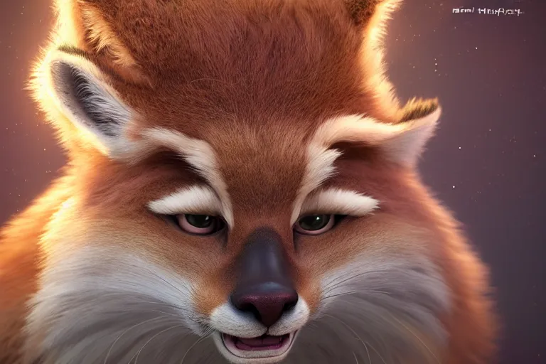 Image similar to The fluffiest little fur creature in the world, hybrid from cat caracal fox lion deer, fullbody, oil painting, disney, zootopia, volumetric light, unreal 5, DAZ, hyperrealistic, octane render, RPG portrait, dynamic lighting, fantasy art, beautiful face