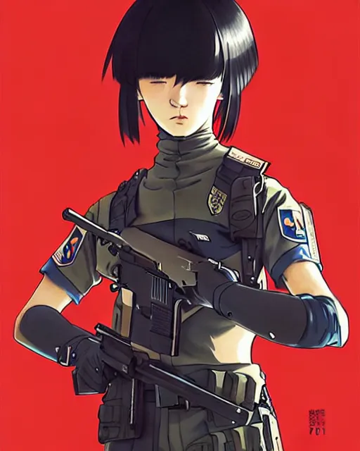 Image similar to soldier in riot gear | very very anime!!!, fine - face, audrey plaza, realistic shaded perfect face, fine details. anime. realistic shaded lighting poster by ilya kuvshinov katsuhiro otomo ghost - in - the - shell, magali villeneuve, artgerm, jeremy lipkin and michael garmash and rob rey