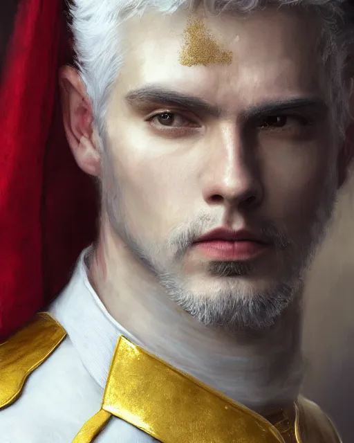 Prompt: a young adult masculine man with thin face lines and white hair, wearing a golden dark armor with a scarlet cape, emperor, grandiose portrait, epic, noble, elegant, ethereal, magalie villeneuve, greg rutkowski, jeremy mann and claude monet, intricate, deep focus, renaissance digital painting, 4 k