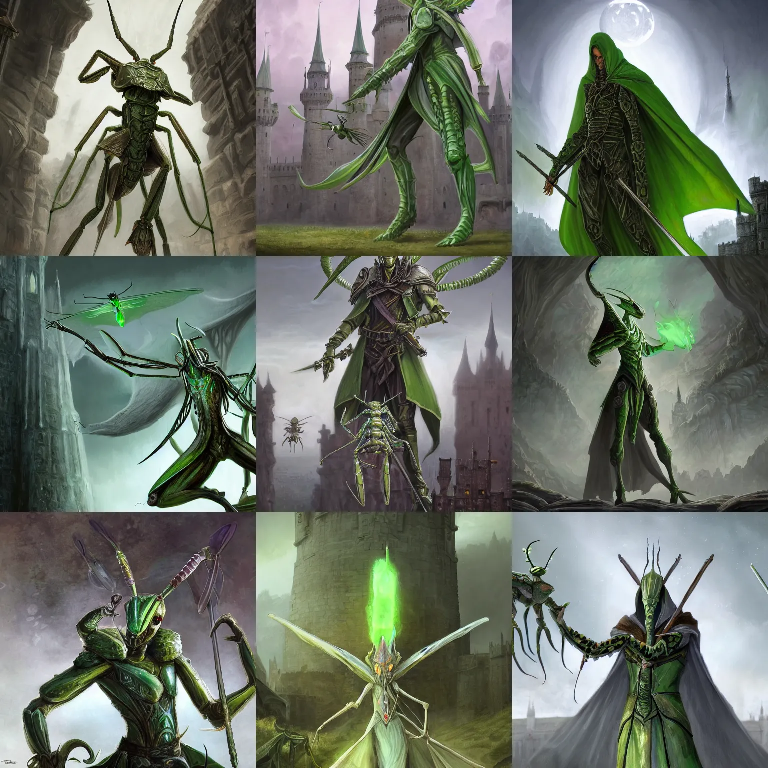 Prompt: full shot of green human - sized mantis religiosa as a d & d assassin wearing white cape ; 6 legs ; hestiastula head with antennae ; mantid features, magic dagger ; big medieval castle in the background ; fantasy drawing ; illustration ; artstation ; 8 k ; wallpapers ; heavy contrast ; cinematic art ; cgsociety ; art by greg rutkowski and thomas