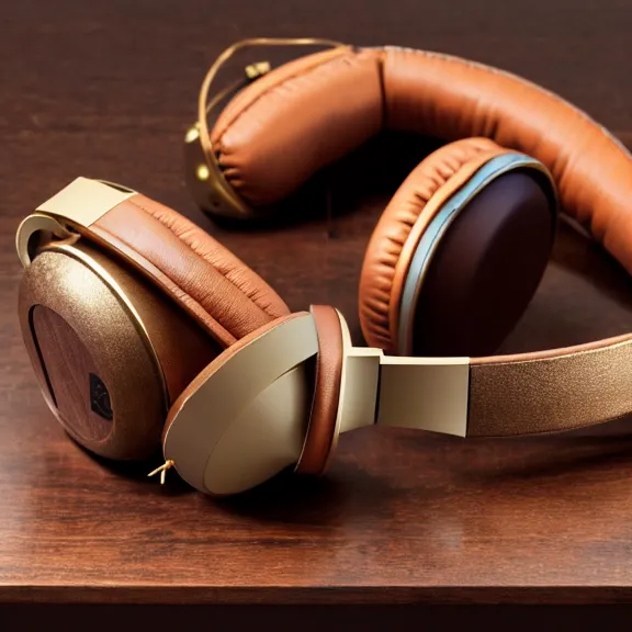 Prompt: masterpiece photo of meze classics headphones, gold metal, wood cups, leather padding, displayed on mahogany desk, modernist headphones, wood headphones beautiful well designed, hyperrealistic, audiophile, intricate hyper detail, extreme high quality, photographic, meze audio, sennheiser, hifiman