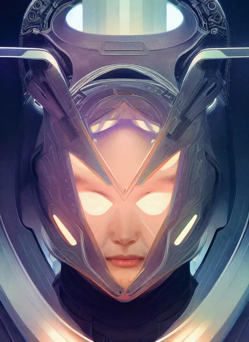 Image similar to symmetry!! portrait of futuristic samurai, sci - fi, tech wear, intricate, elegant, highly detailed, digital painting, artstation, cinematic lighting, concept art, smooth, sharp focus, illustration, art by artgerm and greg rutkowski and alphonse mucha, 8 k