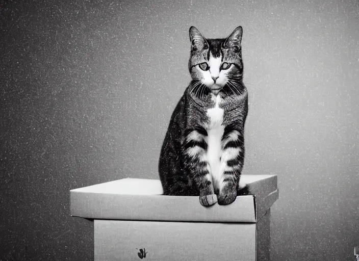 Image similar to photography of a Cat sitting on a box. in a room full of posters, photorealistic, raining award winning photo, 100mm, sharp, high res