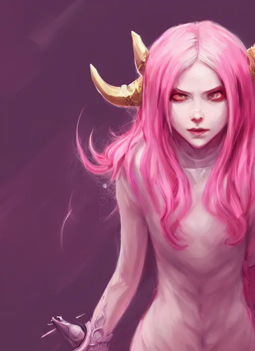 Image similar to a highly detailed illustration of cute smug pink haired pale demon girl with curved horns wearing oversized pink hoodie, dramatic smirk pose, intricate, elegant, highly detailed, centered, digital painting, artstation, concept art, smooth, sharp focus, league of legends concept art, wlop.