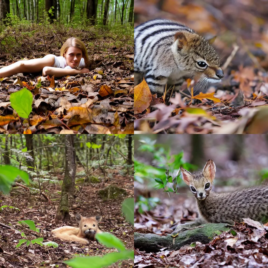 Prompt: young female on the ground in a forest mostly covered by dark leaves