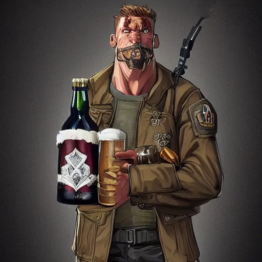 Image similar to a humanoid german shepherd beast - man in military style, holding a bottle of beer, artstation, concept art, smooth, sharp foccus ilustration, artstation