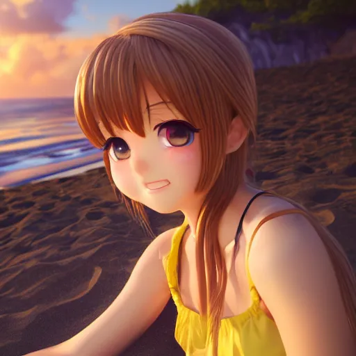 Image similar to Render of a very beautiful 3d anime girl, long hair, hazel eyes, cute freckles, full round face, short smile, cute sundress, golden hour, serene beach setting, medium shot, mid-shot, highly detailed, trending on Artstation, Unreal Engine 4k