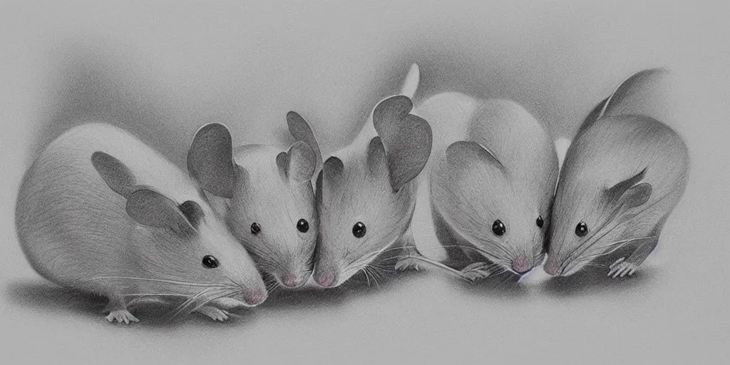 Image similar to a beautiful pencil drawing of exactly three!!!!! cartoon mice; masterpiece; extremely highly detailed; ultra-realistic; trending on artstation