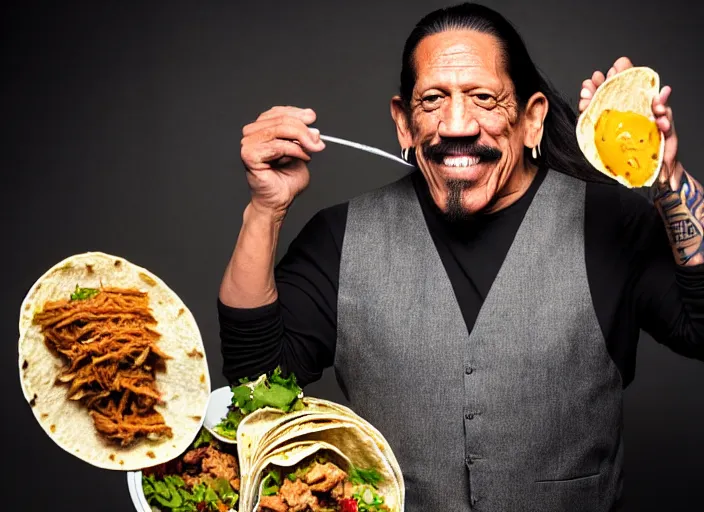 Prompt: studio portrait photo still of 4 0 year old danny trejo!!!!!!!! at age 4 0 years old 4 0 years of age!!!!!!! vest holding a plate of tacos, 8 k, 8 5 mm f 1. 8, studio lighting, rim light, right side key light