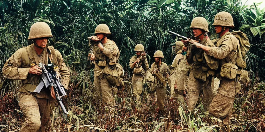 Image similar to u. s. marines move through a landing zone 1 9 6 9, vietnam war, soldiers closeup, face closeup, us flag, jungles in the background, coloured film photography, exposed colour film, ken burns photography lynn novick photography