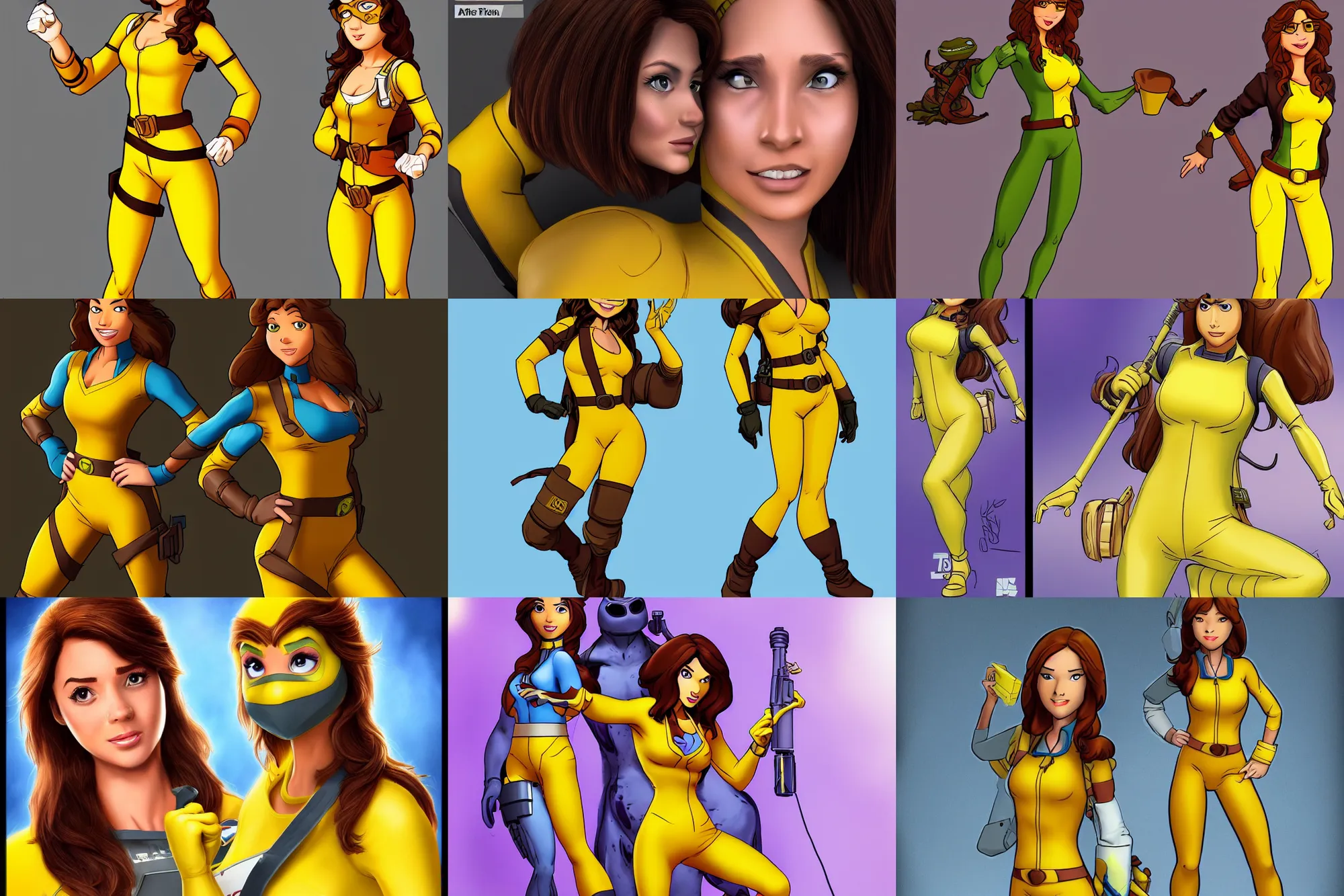 Prompt: beautiful brown hair female reporter in a yellow jumpsuit character april o ’ neil from teenage mutant ninja turtles ( tmnt 1 9 8 7 ), trending on artstation!