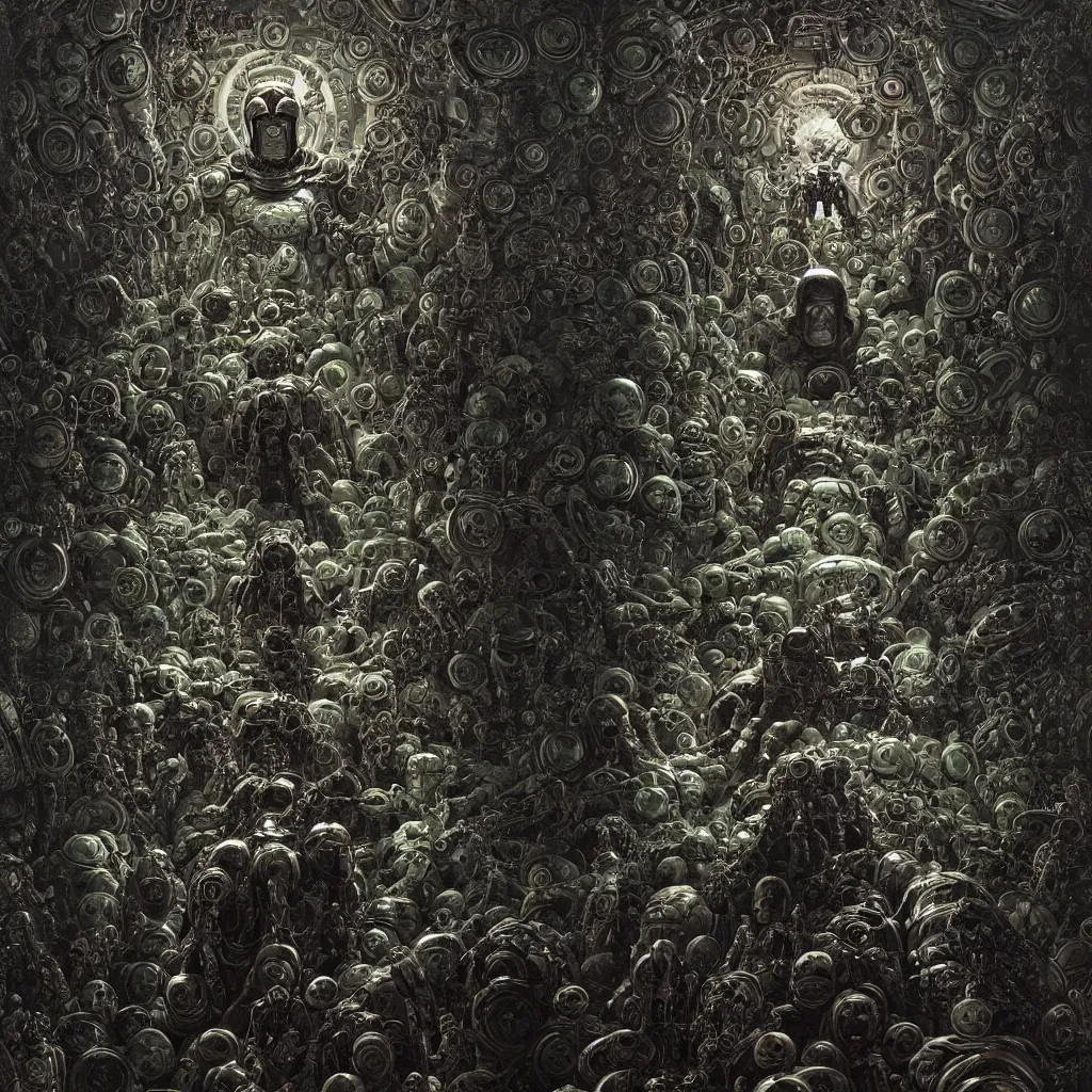 Image similar to symmetric frame of dr doom from Prometheus movie by beksinski, cyborg dr doom mecha by guo pei and alexander mcqueen metal couture editorial, eldritch epic monumental wallpaper by beksinski by Yuko Shimizu