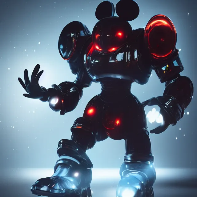 Image similar to ultra realistic mickey mouse wearing mecha armour, dark cinematic, volumetric, realistic, 3 d render, realistic render, cinematic lighting, volumetric lighting, atmospheric, cinematic, unreal engine 5, unreal engine render, octane render, hd, photorealism, hyper realistic, photo, 8 k