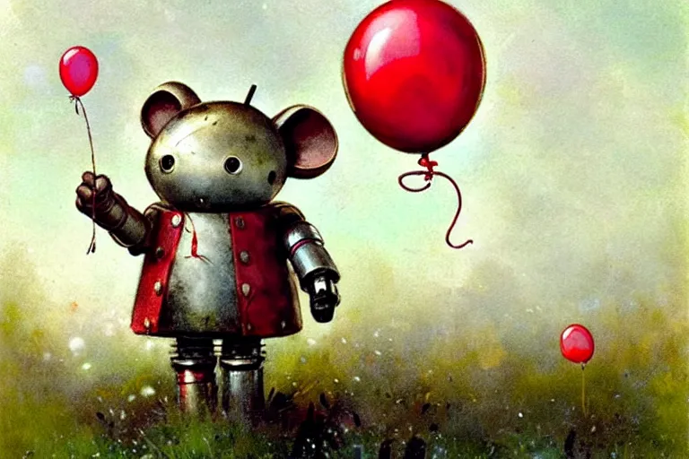 Prompt: adventurer ( ( ( ( ( 1 9 5 0 s retro future robot android mouse holding a red balloon. muted colors. swamp mushrooms island, lillie pads ) ) ) ) ) by jean baptiste monge!!!!!!!!!!!!!!!!!!!!!!!!! chrome red