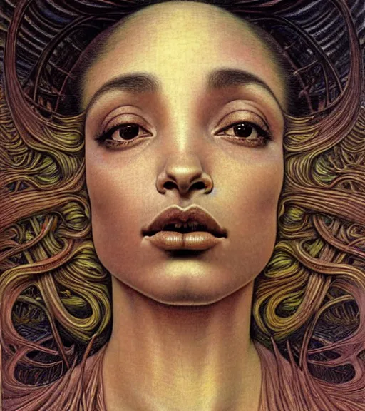 Prompt: detailed realistic beautiful young sade adu face portrait by jean delville, gustave dore and marco mazzoni, art nouveau, symbolist, visionary, baroque, intricate fractal. horizontal symmetry by zdzisław beksinski, iris van herpen, raymond swanland and alphonse mucha. highly detailed, hyper - real, beautiful