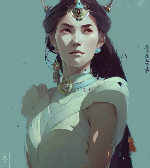 Image similar to portrait of a female immortal queen in amazing dress 汉 服 by atey ghailan, by greg rutkowski, by greg tocchini, by james gilleard, by joe fenton, by kaethe butcher, dynamic lighting, gradient light blue, brown, blonde cream and white color scheme, grunge aesthetic