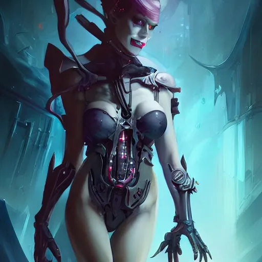 Image similar to portrait of a beautiful cybernetic vampiress, cyberpunk concept art by pete mohrbacher and artgerm and wlop and greg rutkowski and deathburger, digital art, highly detailed, intricate, sci-fi, sharp focus, Trending on Artstation HQ, deviantart, unreal engine 5, 4K UHD image