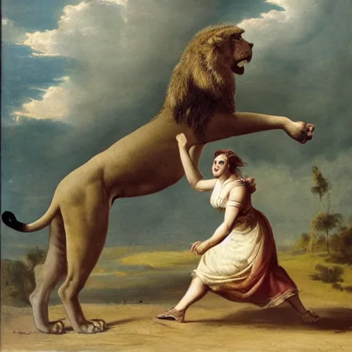 Prompt: woman lifting up a lion