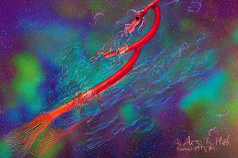 Image similar to gaseous trumpetfish,art by Alan M. Clark,trending on artstation, psychedelic lighting camera view from above,Interstellar ,fantasy artist,Dreamworks ,tonalism ,macro,