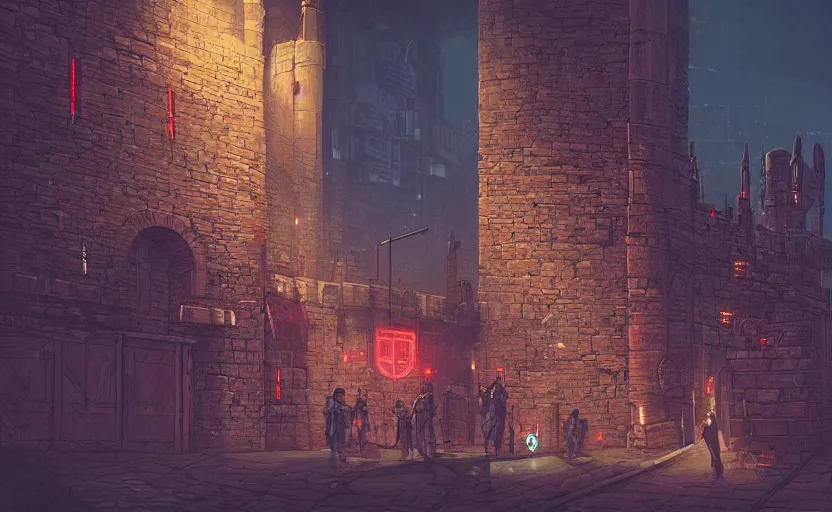 Prompt: a cyberpunk medieval castle, stone brick walls, vincent lefevre, neon lights, fantasy art, sci - fi, pedestrians