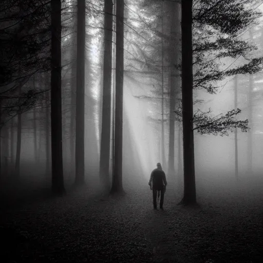 Prompt: Monochrome photo of a man standing in a misty forest at night with light rays coming through the trees, motion blur, grainy, Kodak Tri-X 3200 ISO, 24mm Tilt-shift