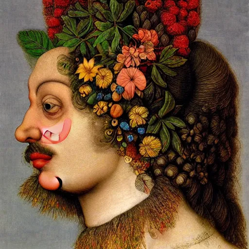 Image similar to a beautiful profile portrait of a beautiful female, leaves, by giuseppe arcimboldo,, psychedelic, surreal, dreamlike, environmental friendly, nature.